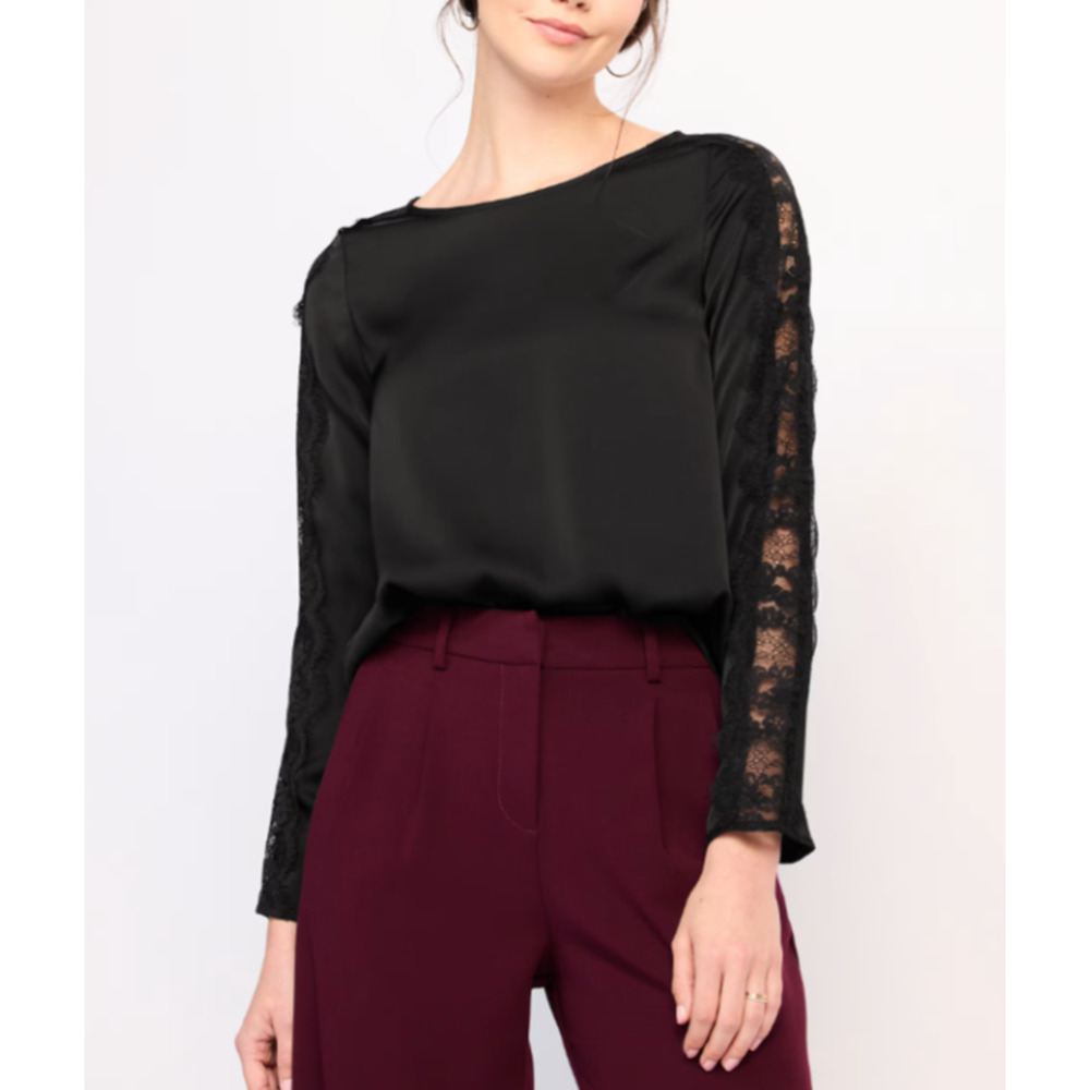 NWT Beacon Isabelle Lace Detail Blouse Black XL Womens Silky Long Sleeve Sexy